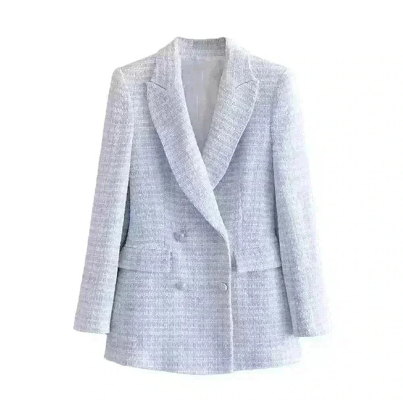 Bleu Double Breasted Tweed Blazer - Picture 1 of 5